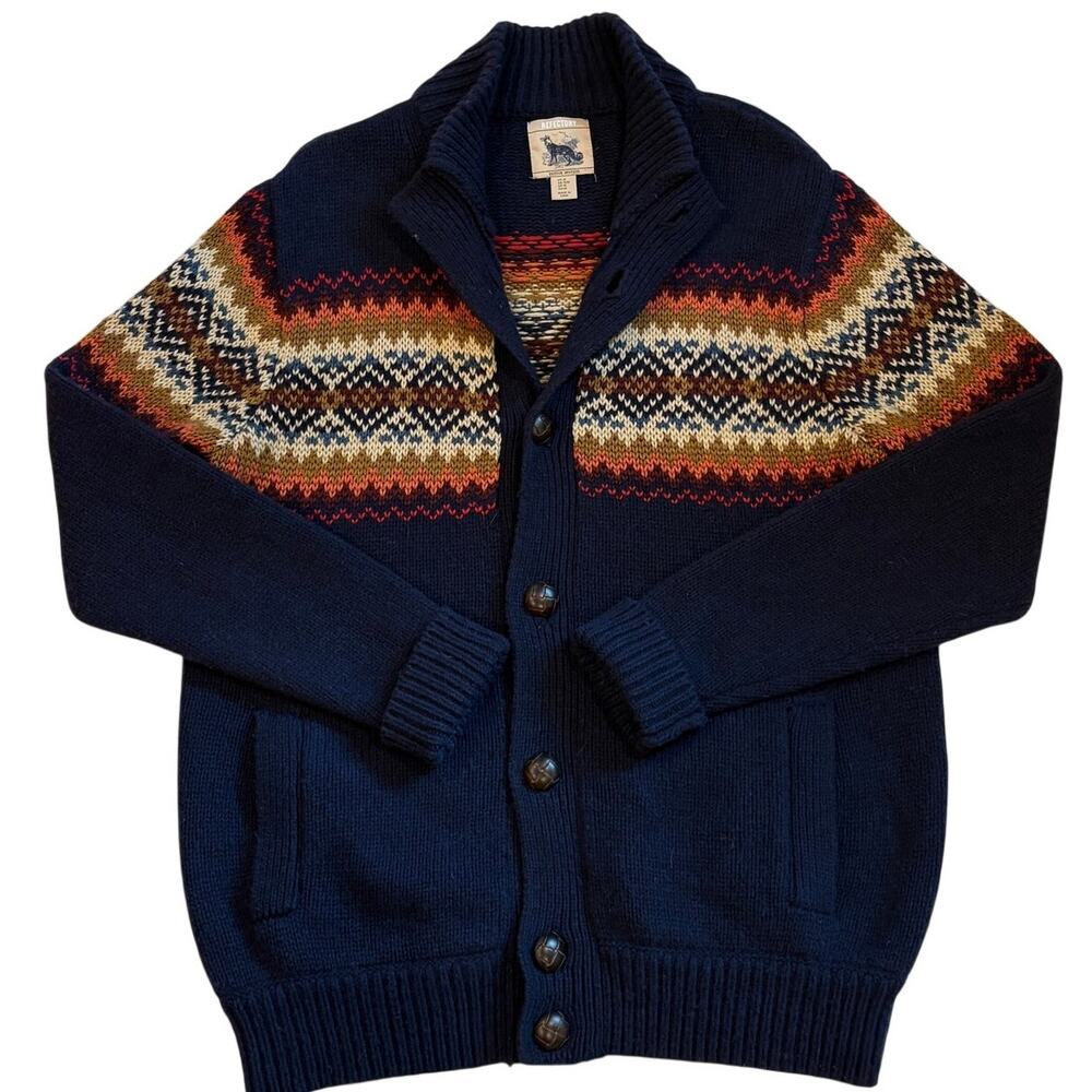 Refectory Cardigan Sweater Mens Sz Medium Blue Fair Isle Knit Wool Blend Winter